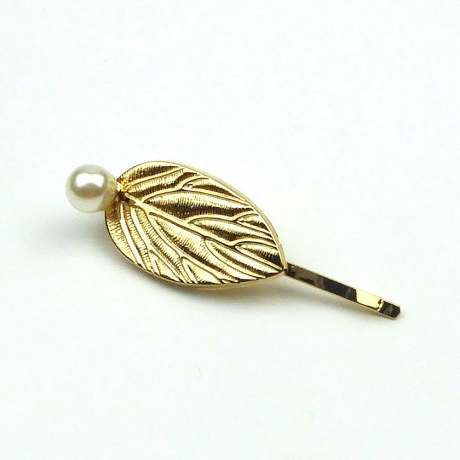 Pince cheveux feuille et perle, 6.5cm - doré