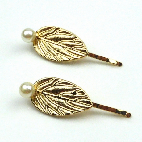 Pince cheveux feuille et perle, 6.5cm - doré