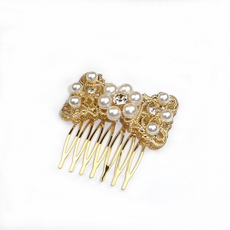 Peigne de côté métal filigrane et perles - doré