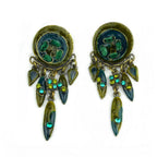 Boucle d'oreille pendante émail vert strass 6.5cm laiton doré vieilli
