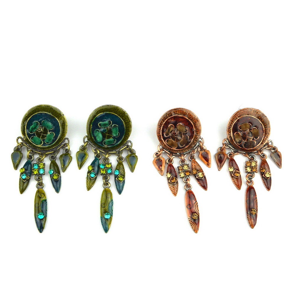 Boucle d'Oreille Pendante Émail Strass 6.5cm - Bijou Doré Vieilli