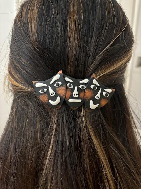 Barrette cheveux originale "3 masques" en pâte polymère, Fabrication Française