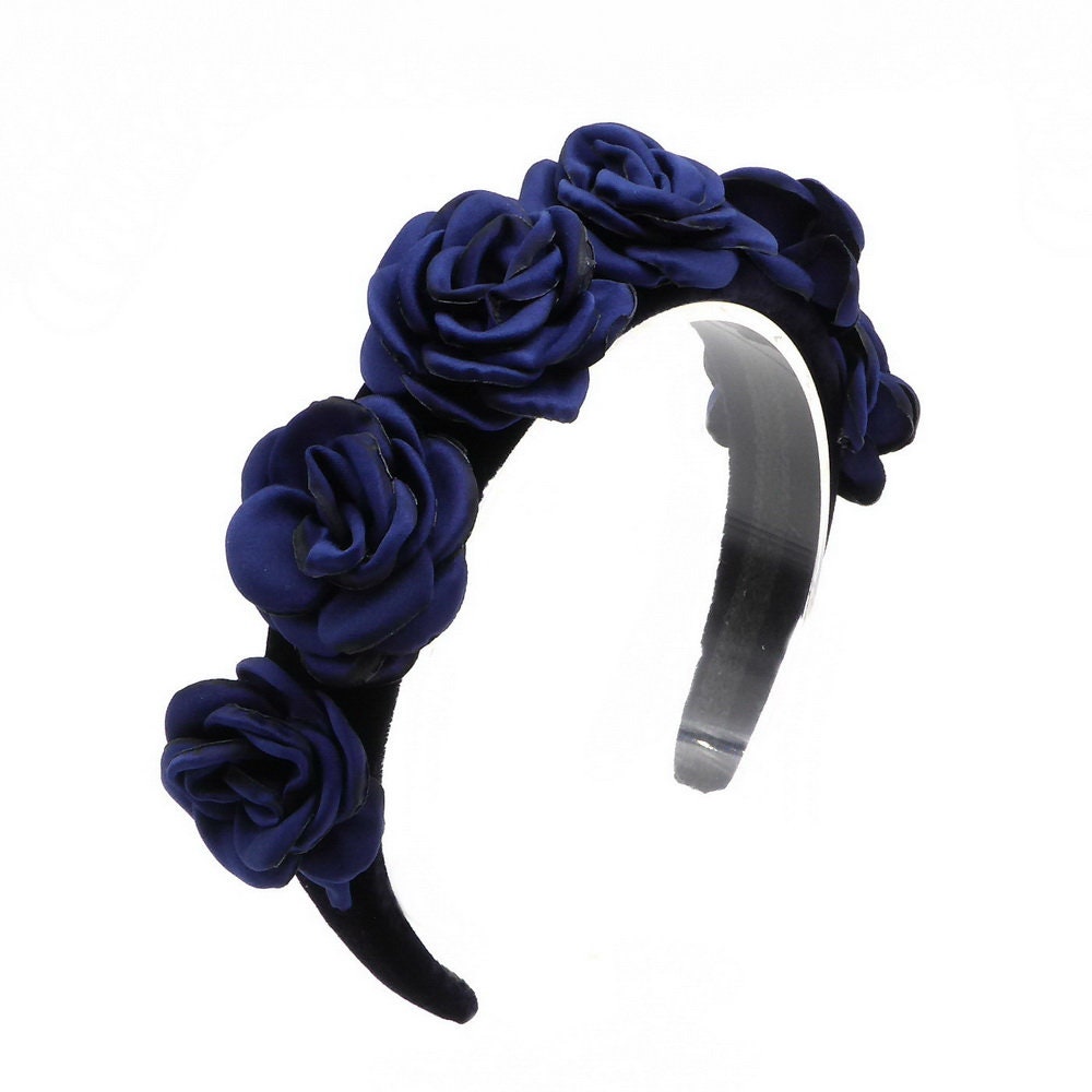 Serre tête velours avec fleur en satin - marine