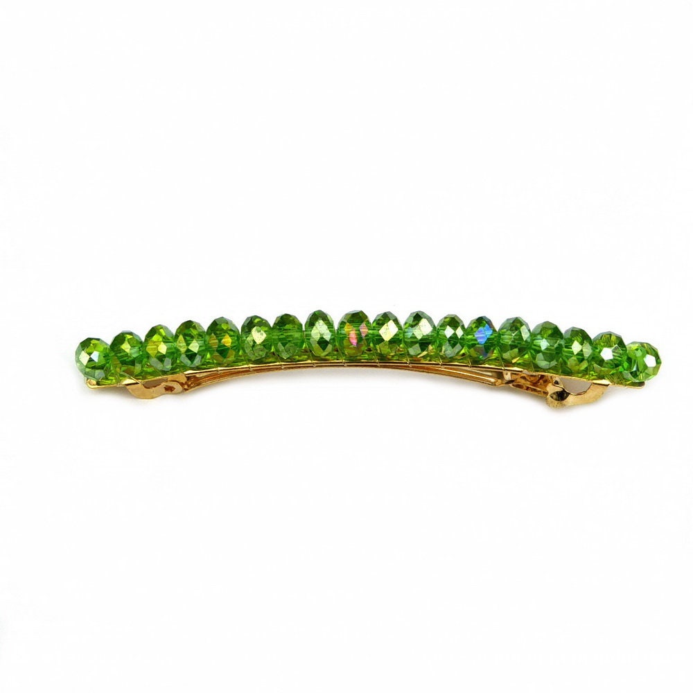 Barrette cheveux perles cristaux vert 8.5cm