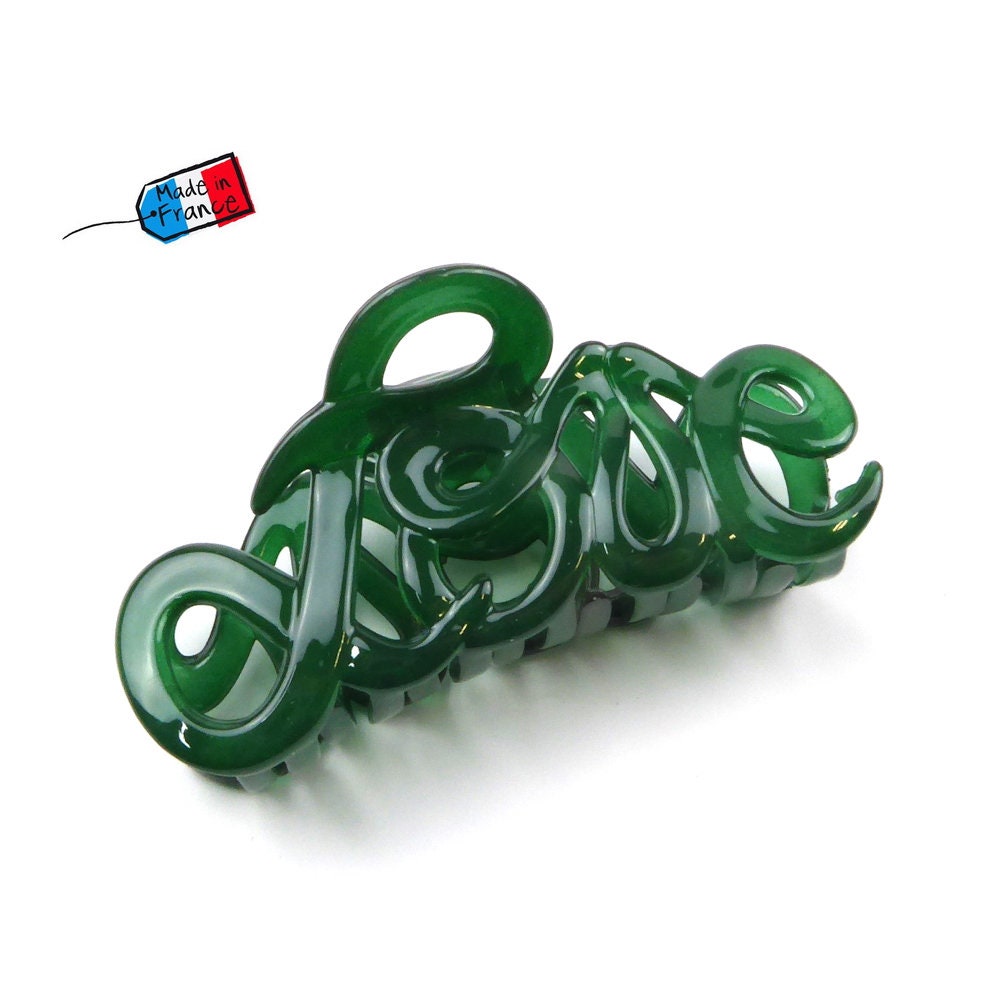 Pince à cheveux "Love" 8,5cm en acétate, vert emeraude, Made in France