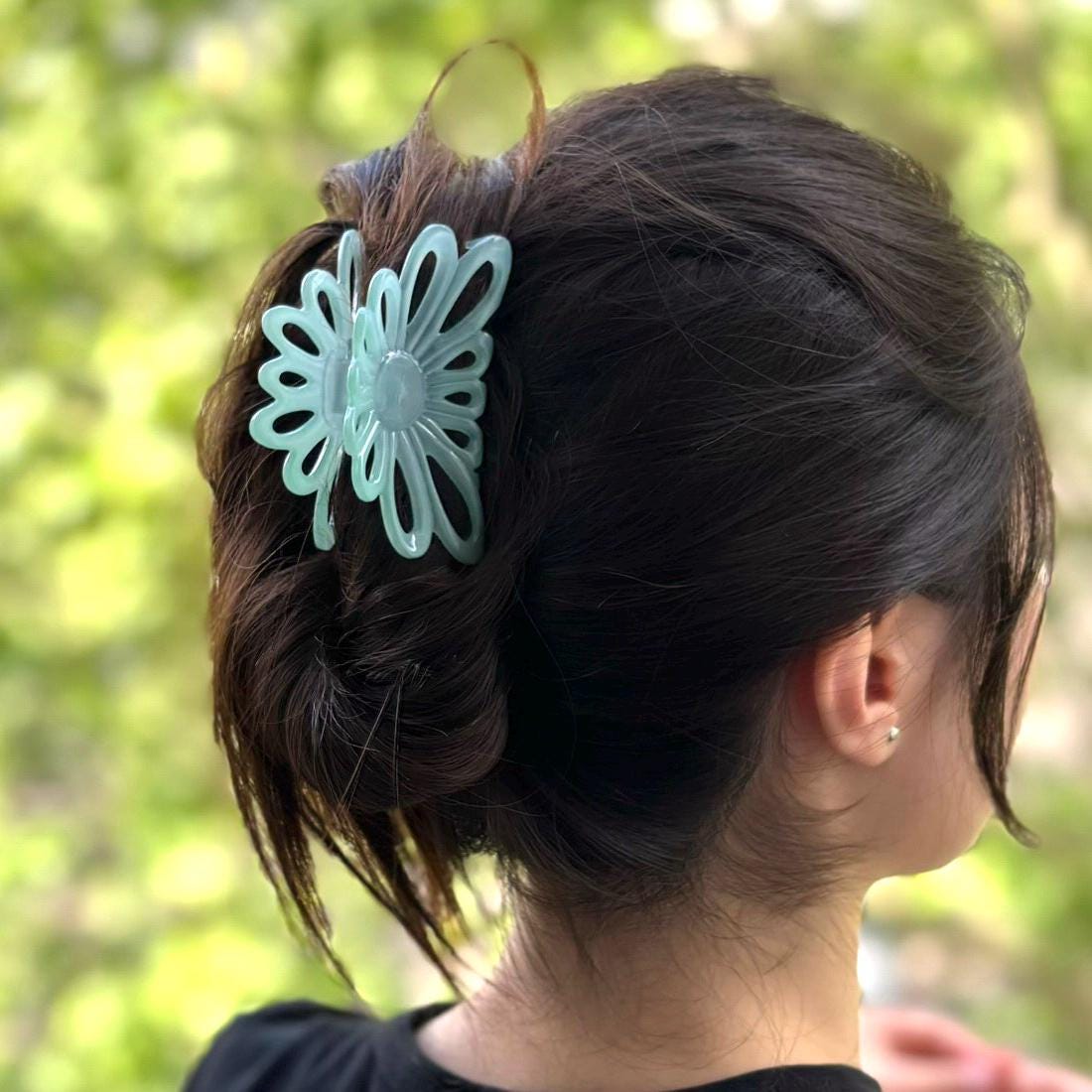 Pince à cheveux fleur acétate Vert eau – Fait main, Made in France 8 cm