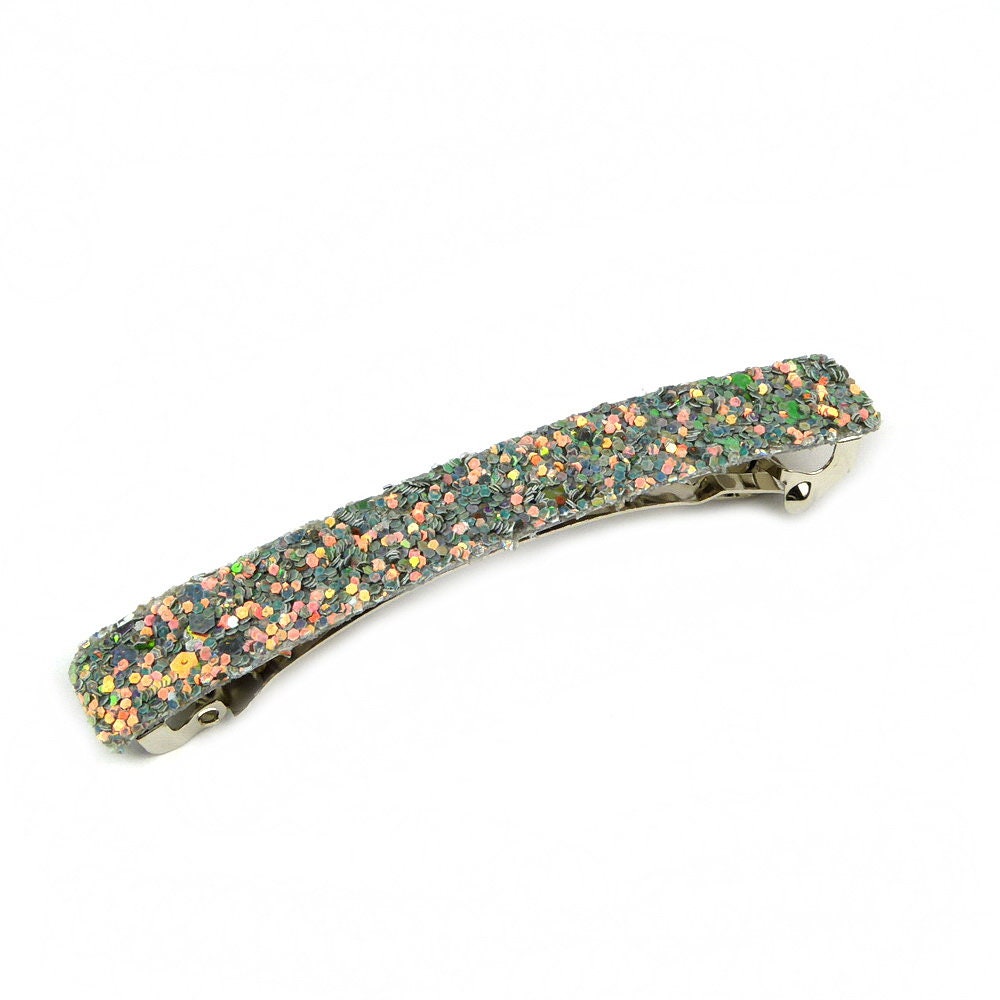 Barrette Cheveux Paillettes Glitter Gris 8,5cm Métal Incurvée