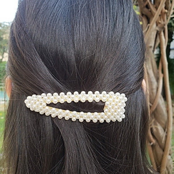 Barrette cheveux perles clic clac 7,5cm, pince cheveux