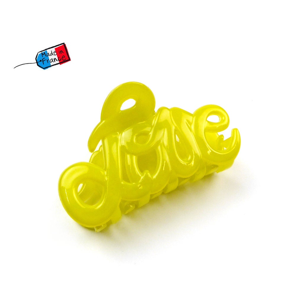 Pince à cheveux "Love" 5,5cm en acétate, jaune, qualité premium, Made in France