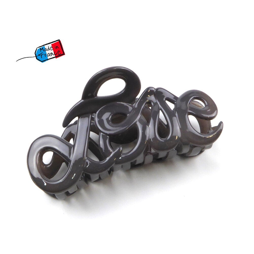Pince à cheveux "Love" 8,5cm en acétate, gris, élégante, Made in France