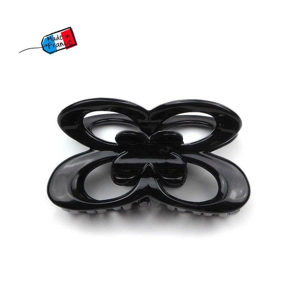 Pince à cheveux en acétate papillon 8cm - noir - Made in France