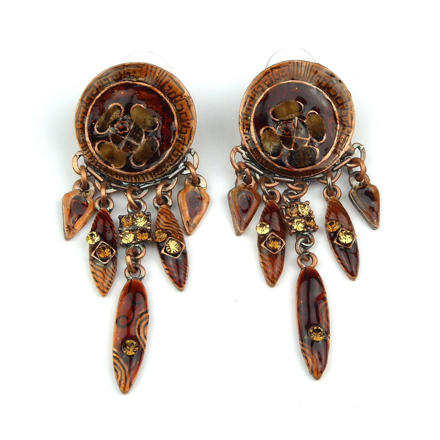 Boucle d'oreille pendante émail brun strass 6.5cm laiton doré vieilli