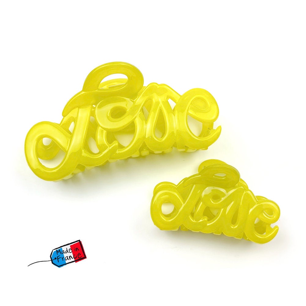 Pince à cheveux "Love" 8,5cm en acétate, jaune,premium, Made in France