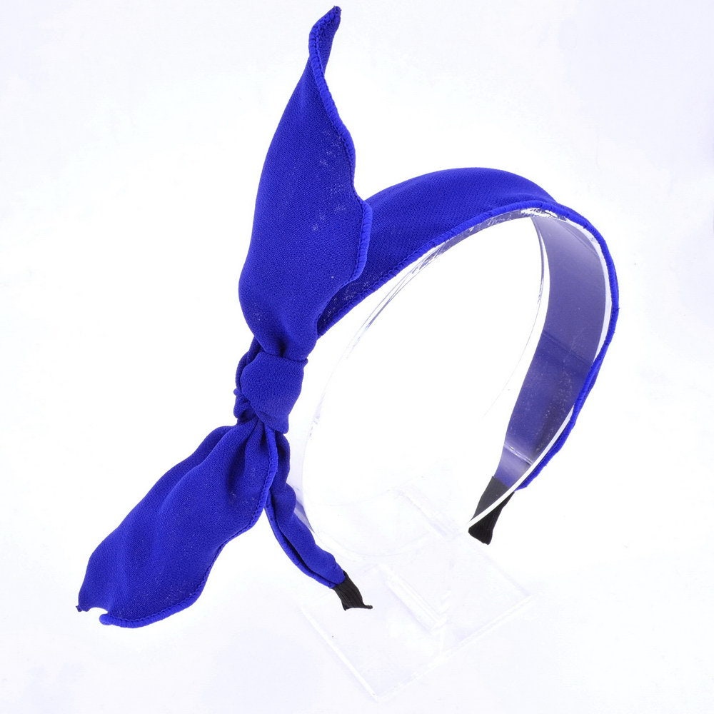 Serre tête satin crêpe avec noeud amovible - bleu