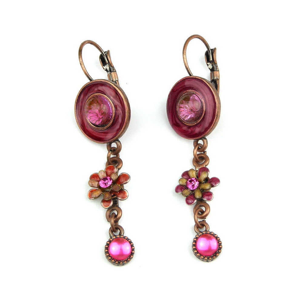 Boucle d'oreille pendante vintage - framboise