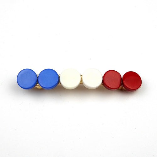 Barrette cheveux 7cm, perles rondes plates, bleu blanc rouge