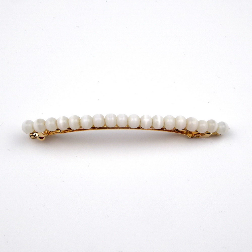 Barrette cheveux fine perles œil de chat 8cm – Éclat chatoyant blanc