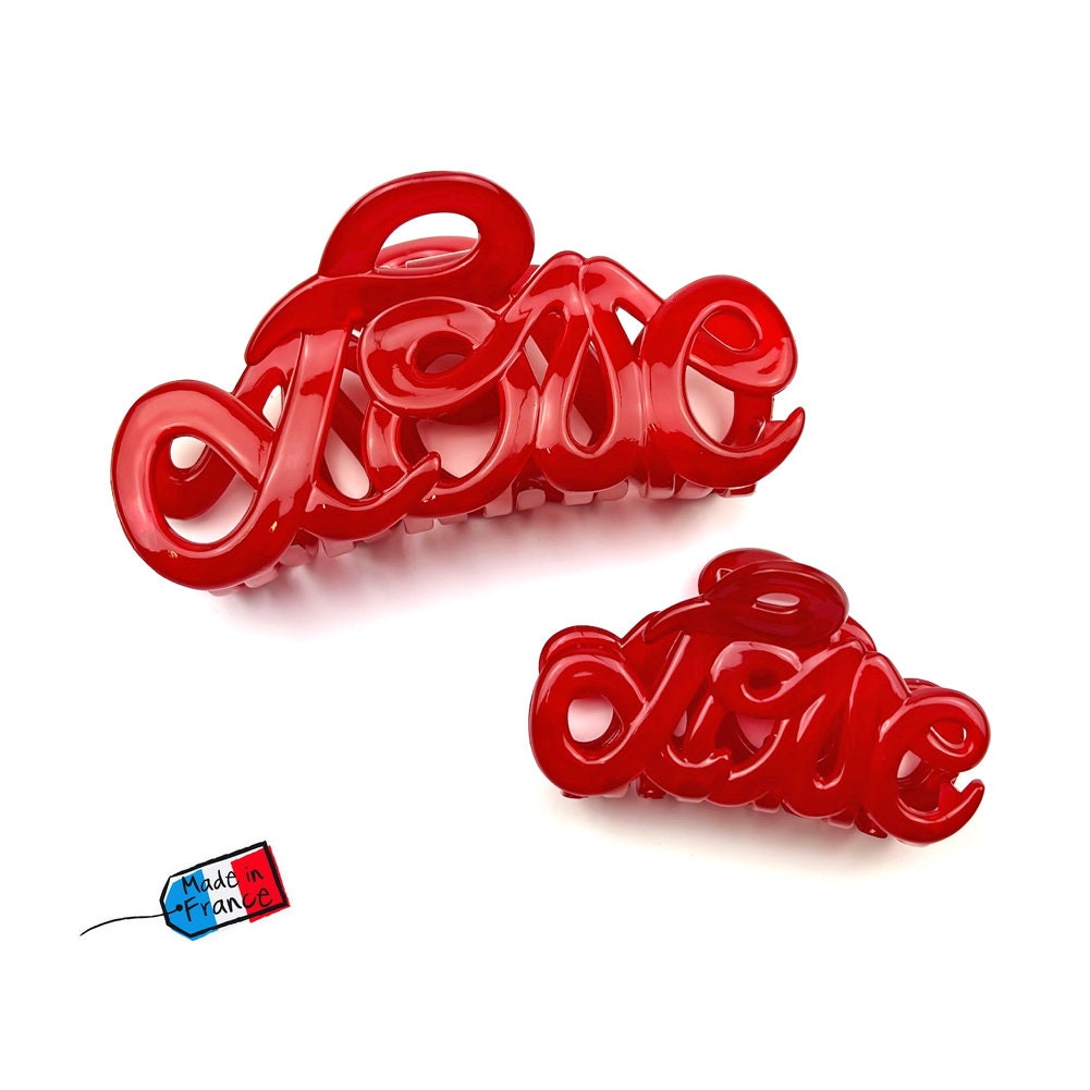 Pince à cheveux "Love" 8,5cm en acétate, rouge, Fabrication française