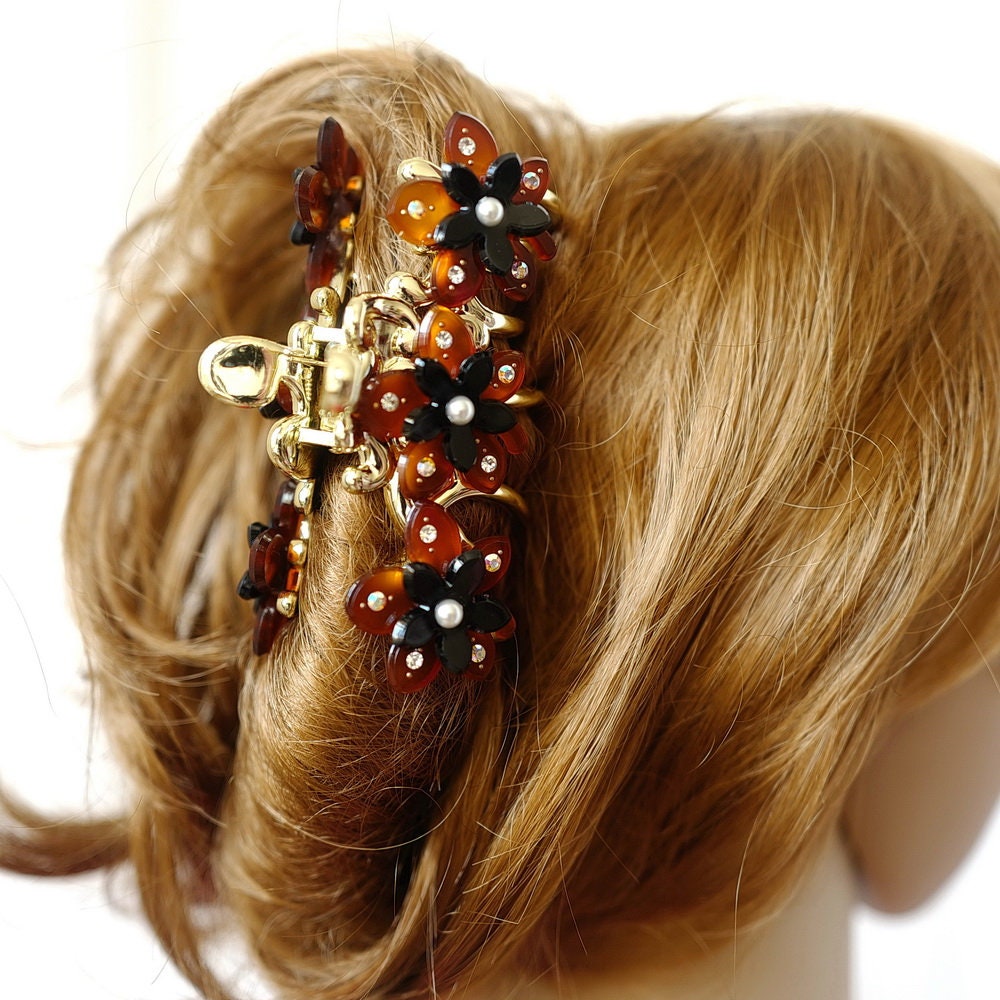 Pince à cheveux crabe motif fleur 10cm fait main doré