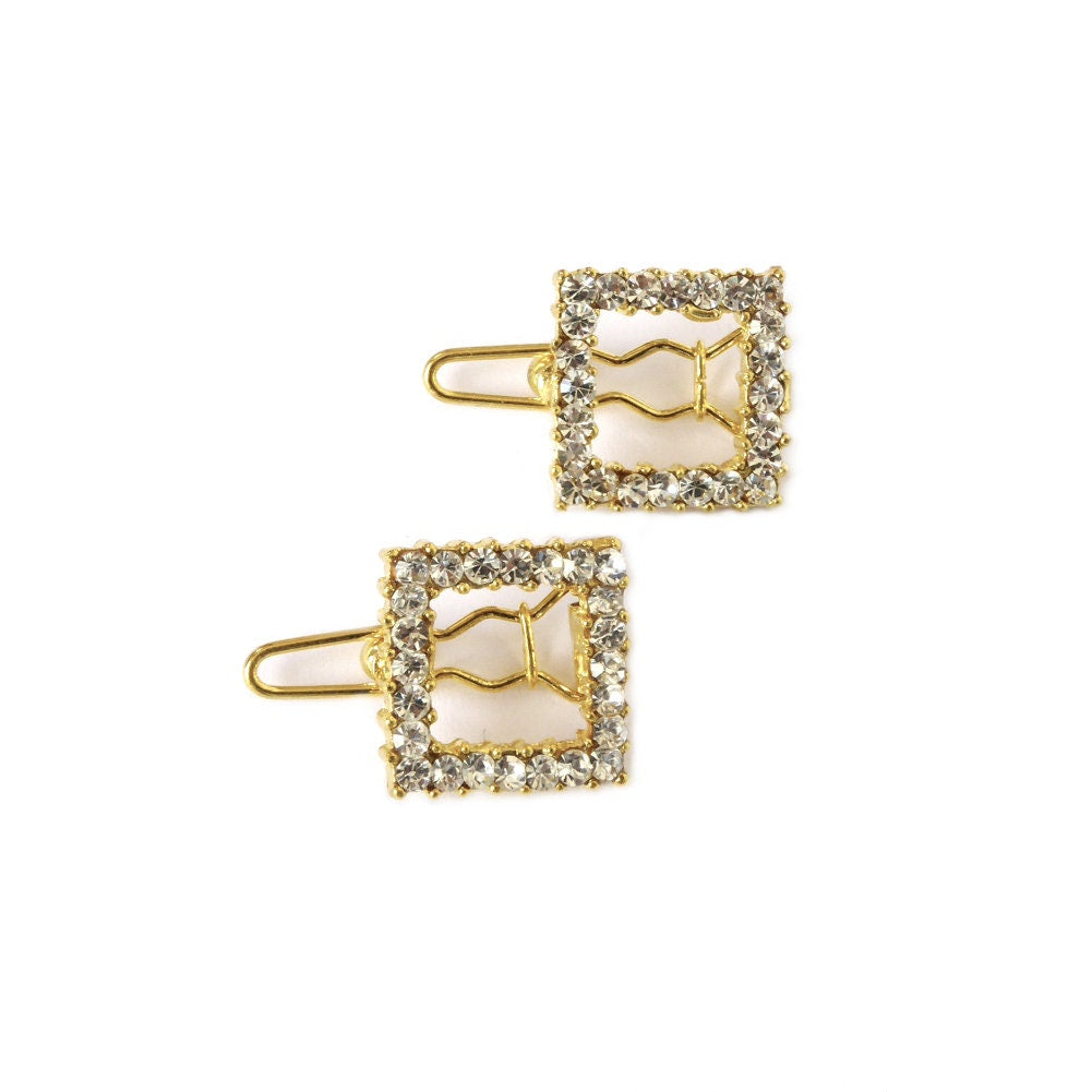 Barrettes cheveux carré en métal doré et strass - Lot de 2