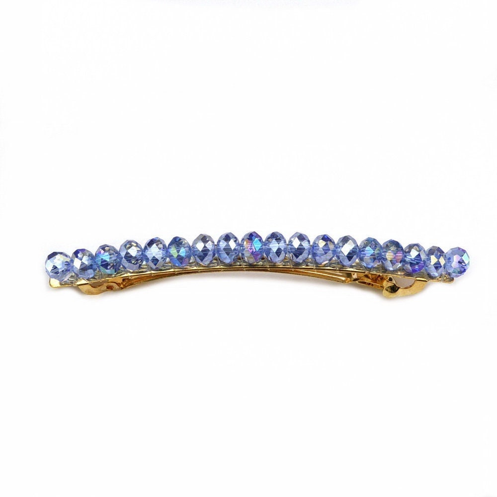 Barrette cheveux perles cristaux bleu 8.5cm
