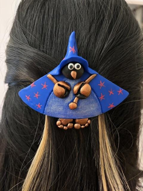 Barrette cheveux originale "sorcière bleue" en pâte polymère, Made in France