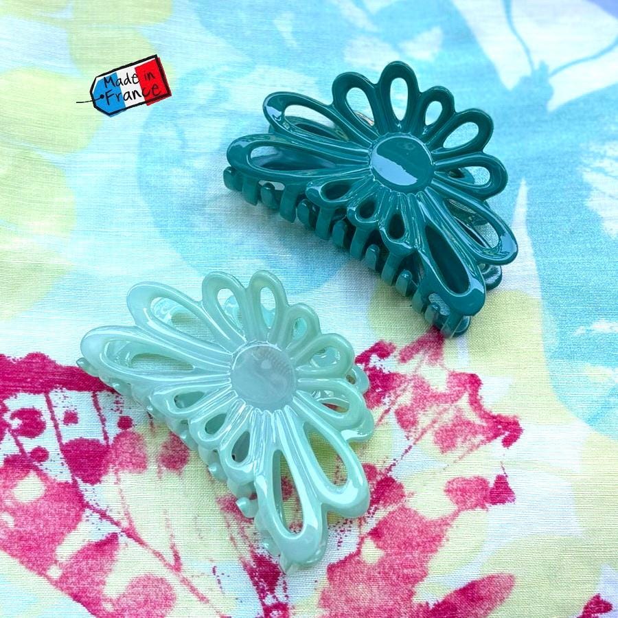 Pince à cheveux fleur en acétate de cellulose – Fait main, Made in France 8 cm, Bleu, Vert eau