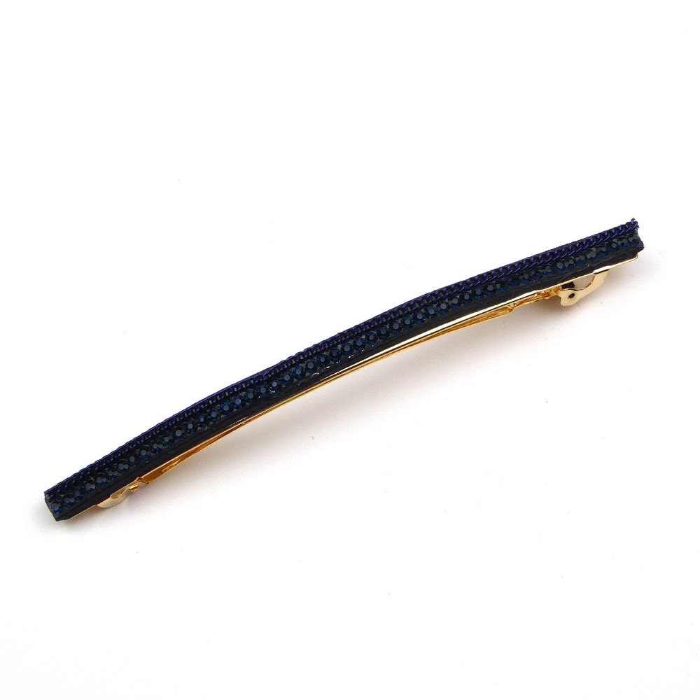 Barrette cheveux longue 10cm avec chaine strass bleu marine