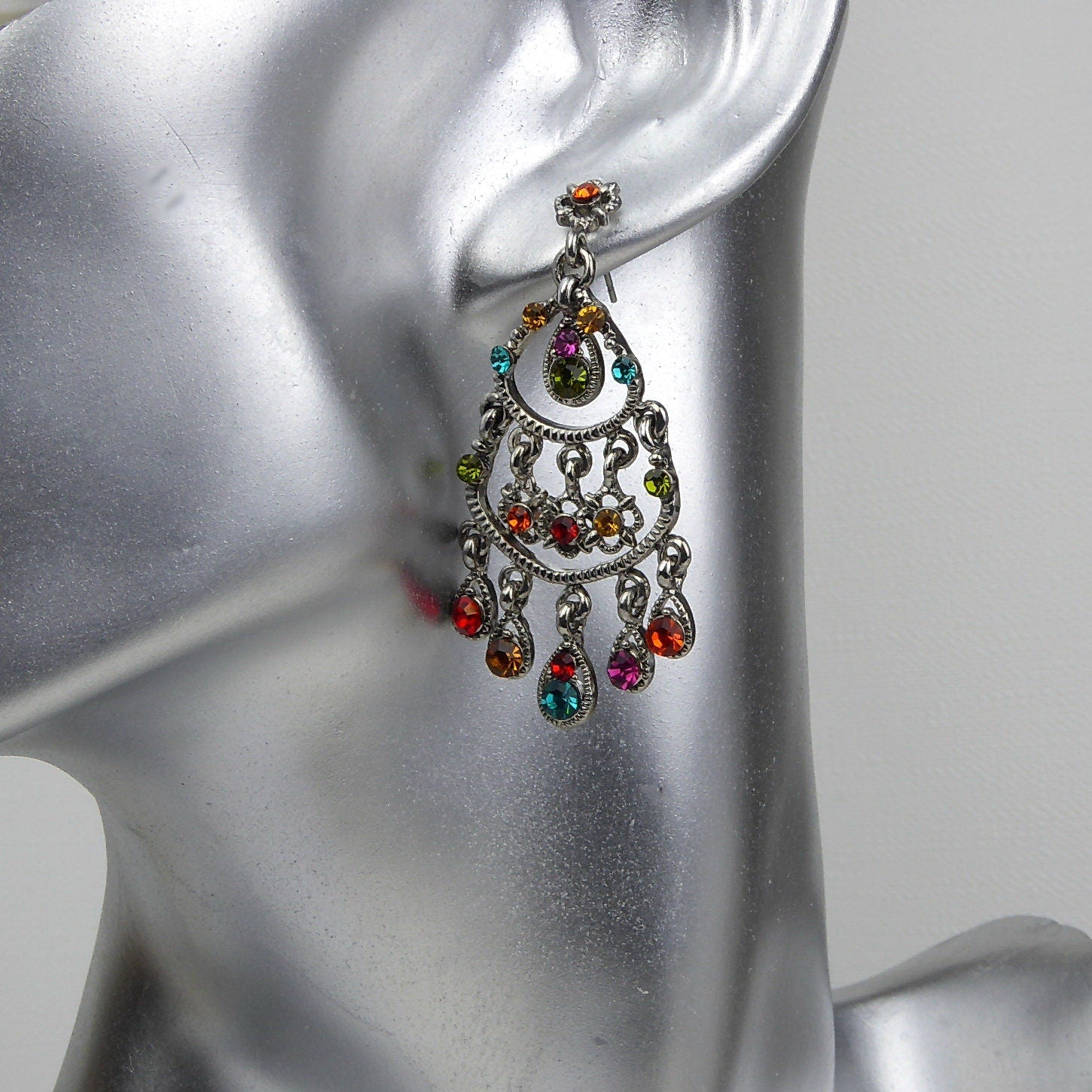 Boucles d'oreilles pendantes bohème strass multicolores 5.5cm