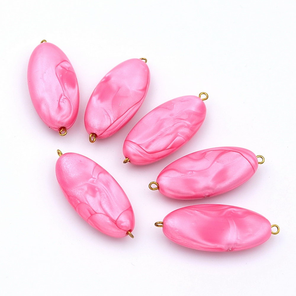 Lot de 10 perles ovales plates nacrées rose en acrylique avec tige dorée