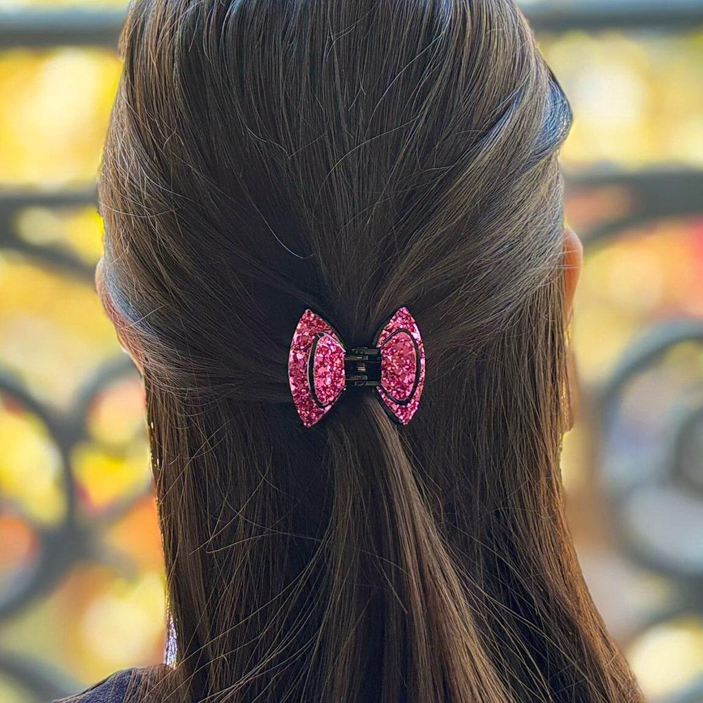 pince à cheveux nœud recouverte de paillettes fuchsia