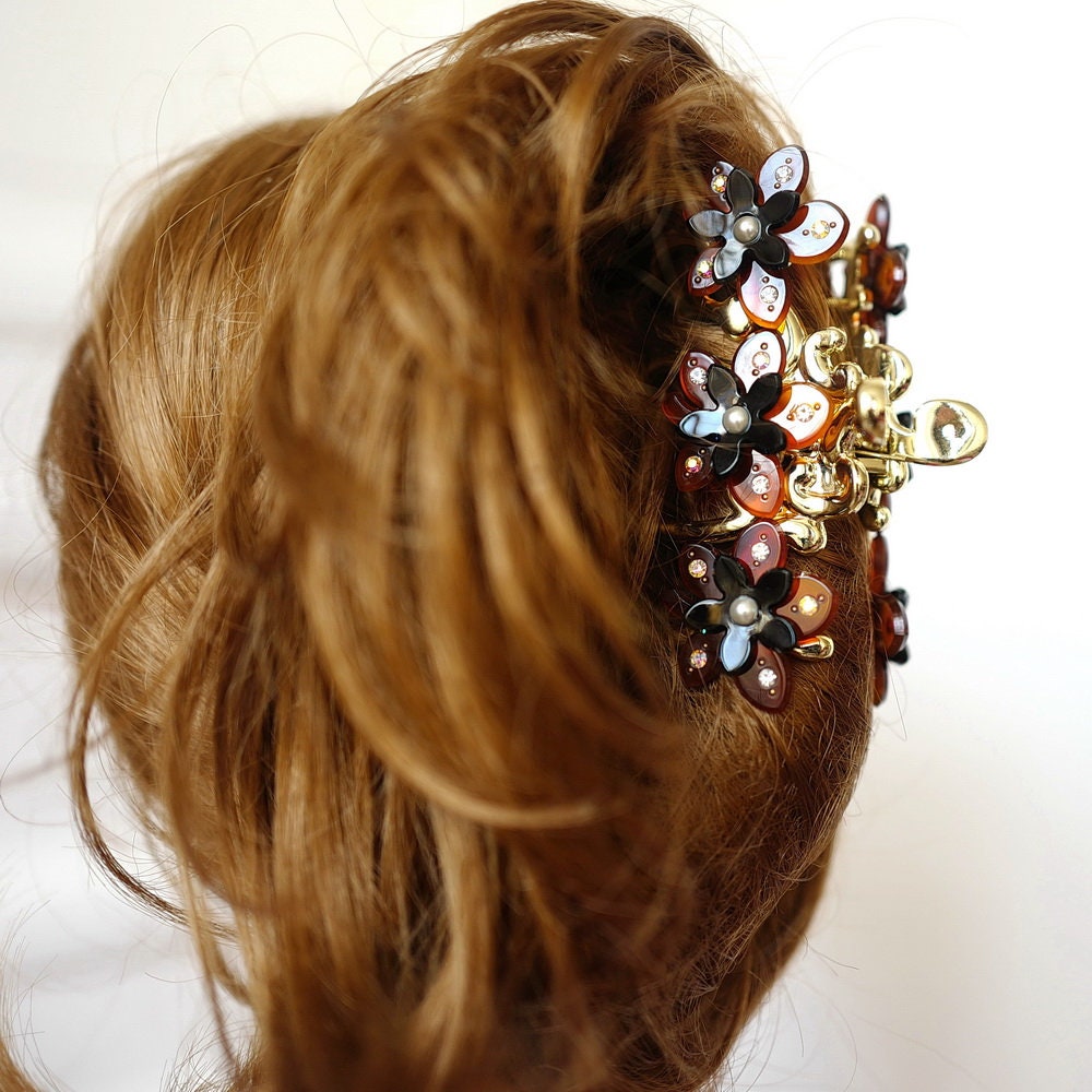 Pince à cheveux crabe motif fleur 10cm fait main