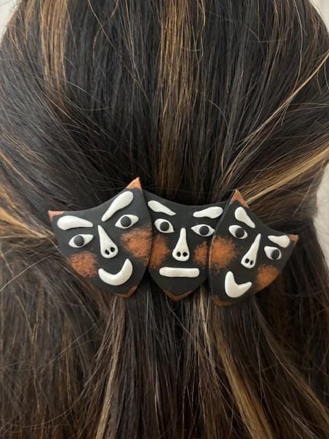 Barrette cheveux originale "3 masques" pâte polymère, Fabrication Française