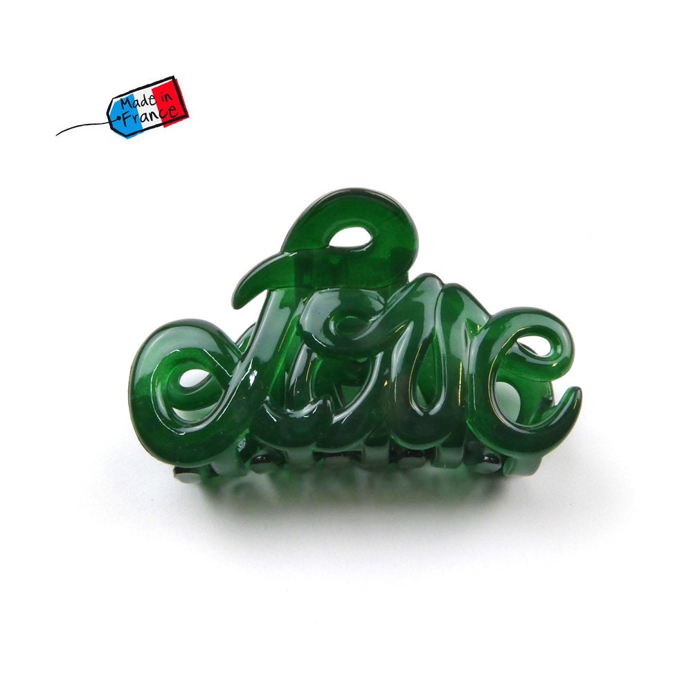 Pince à cheveux "Love" 5,5cm en acétate, vert émeraude, Made in France