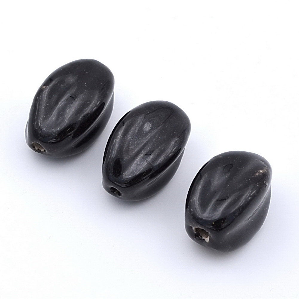 Lot de 6 perles ovales en céramique - noir