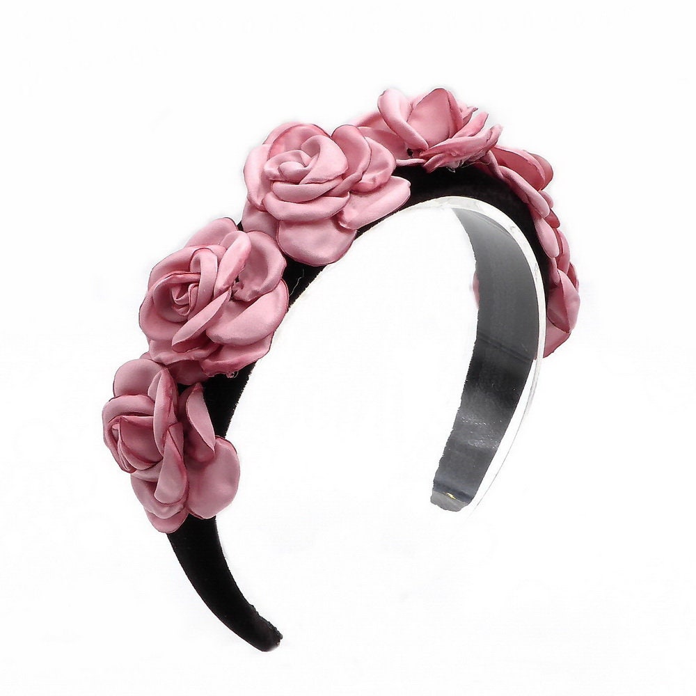 Serre tête velours avec fleur en satin - vieux rose