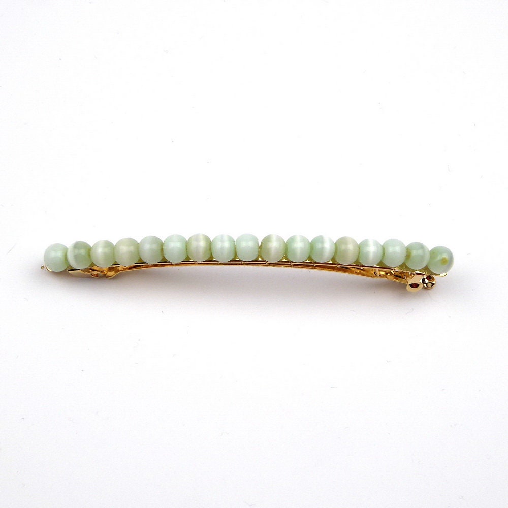 Barrette cheveux fine perles œil de chat 8cm – Éclat chatoyant vert eau