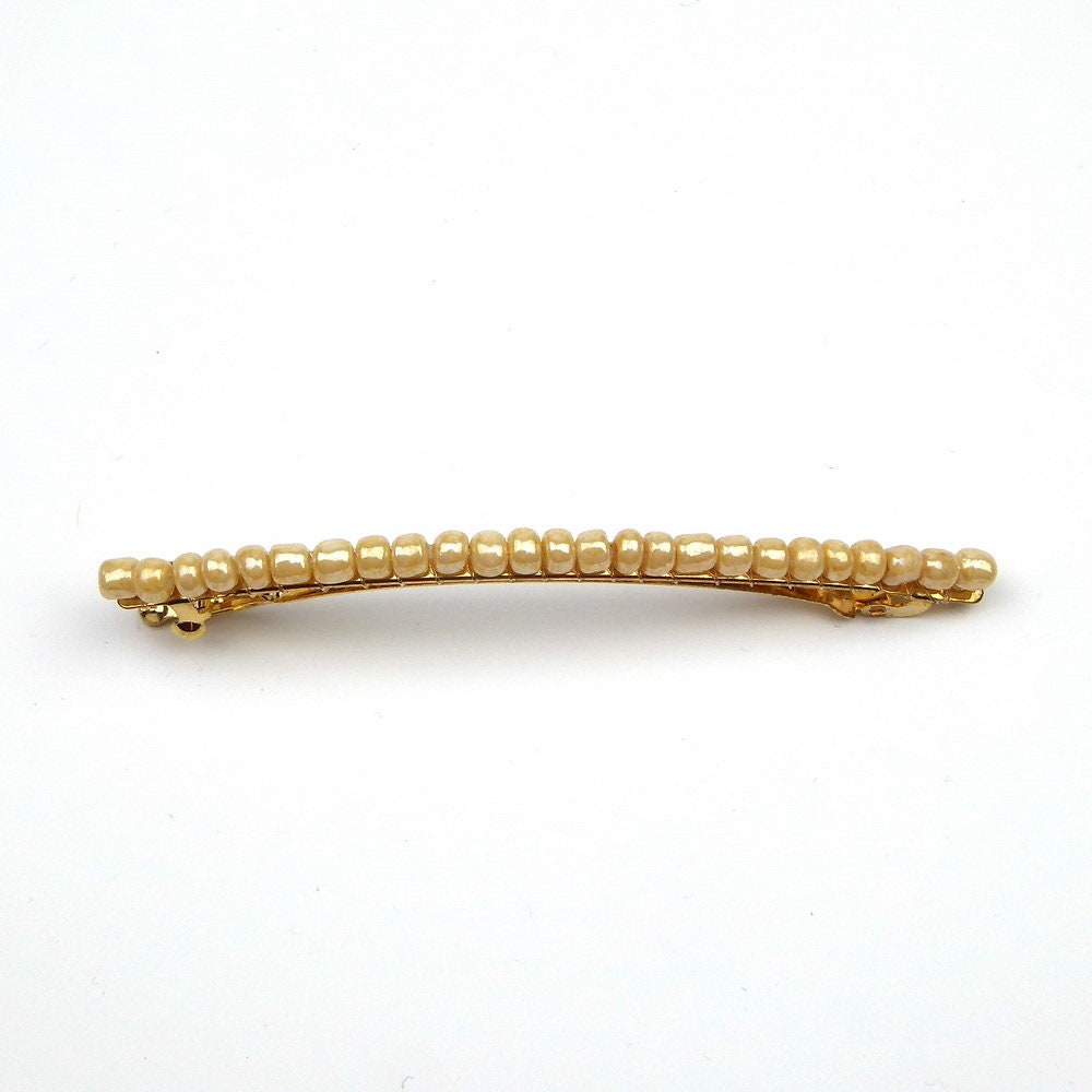 Barrette Cheveux Fine Perles de Rocaille beige 8cm 