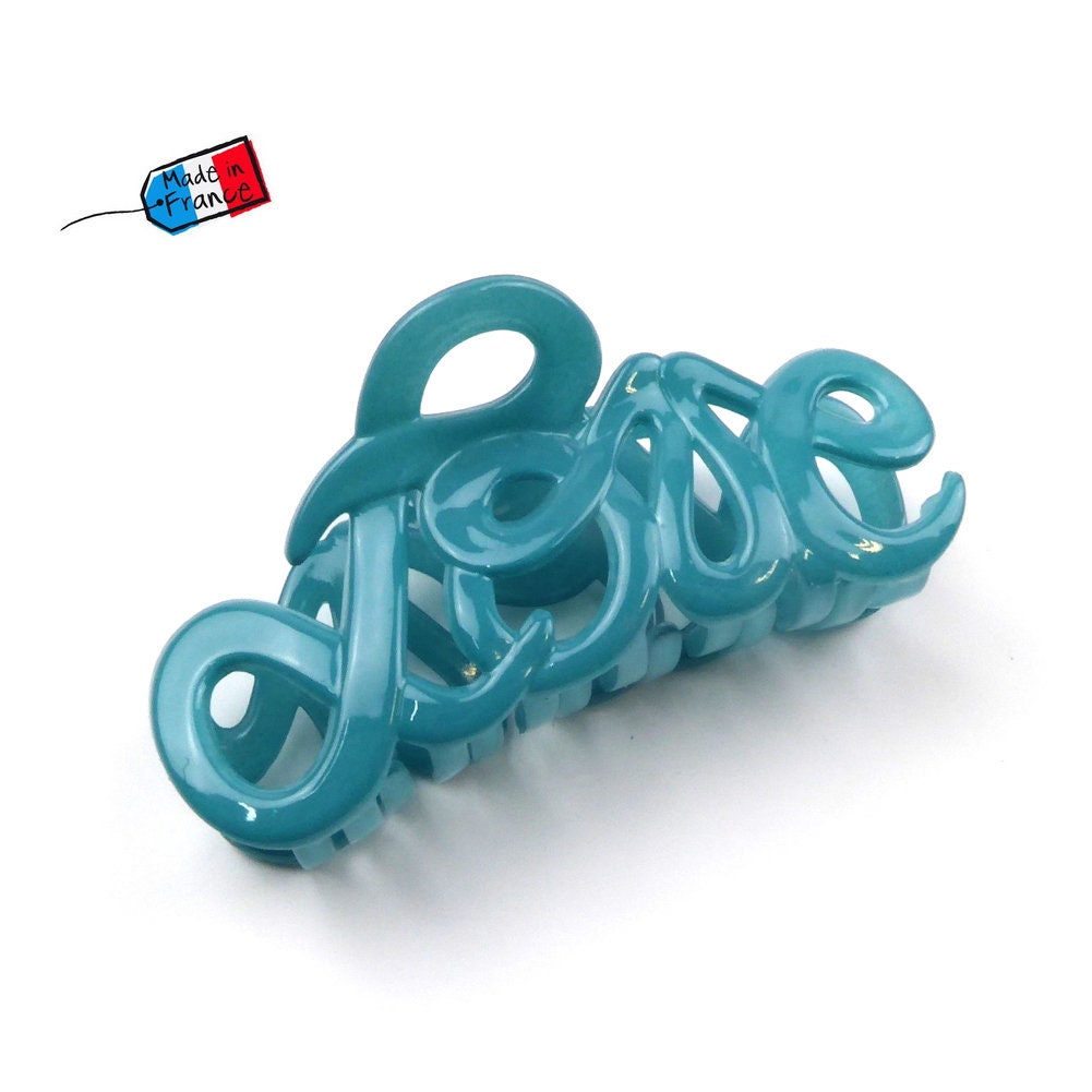 Pince à cheveux "Love" 8,5cm, bleu, qualité premium, Fabrication française