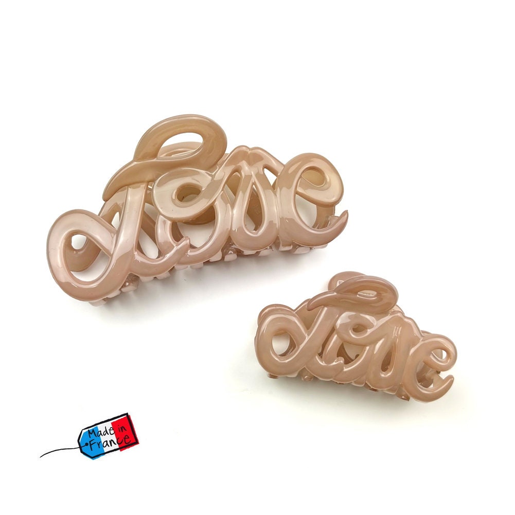 Pince à cheveux "Love" 8,5cm en acétate, élégante, beige, Made in France