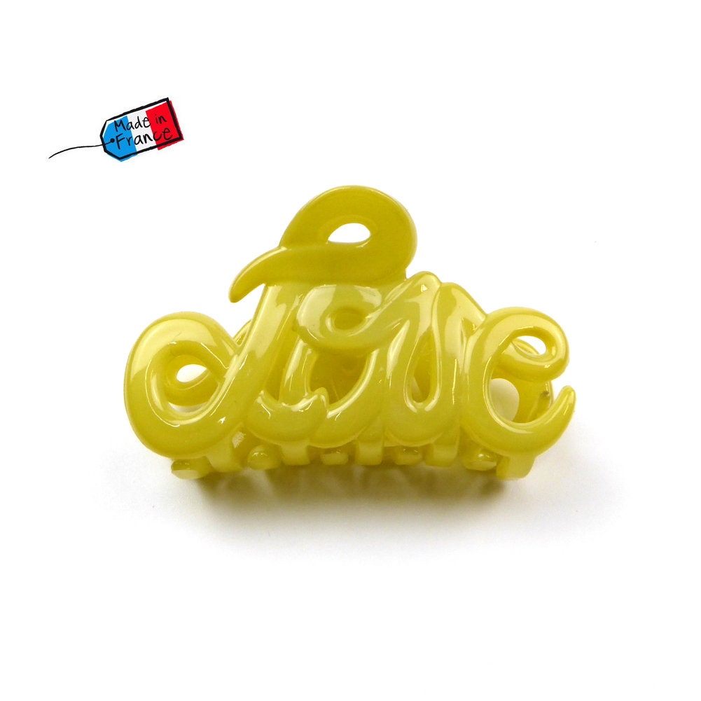 Pince à cheveux "Love" 5,5cm en acétate, jaune, qualité premium, Made in France