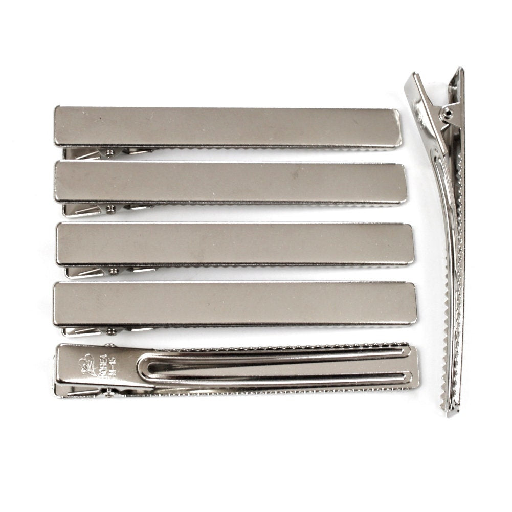 Pinces cheveux crocodile plat en métal argent 7.5cm - Lot de 10