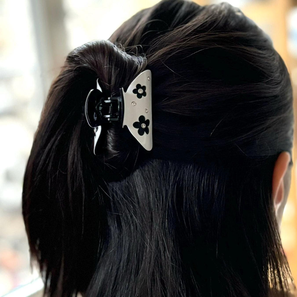 Petite pince à cheveux fleur et cristaux – 5,5 cm Blanc