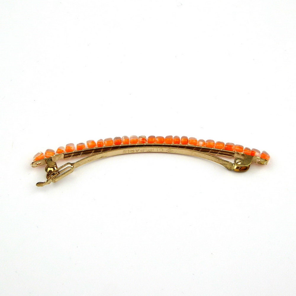 Barrette cheveux fine 8cm, perles de rocaille orange, cheveux fins
