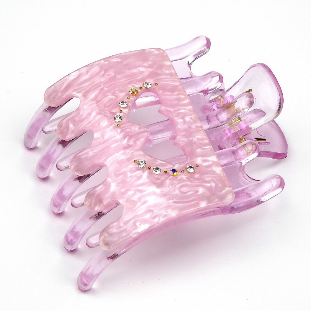 Pince à cheveux plate avec strass, motif coeur – 8 x 6,2 cm rose