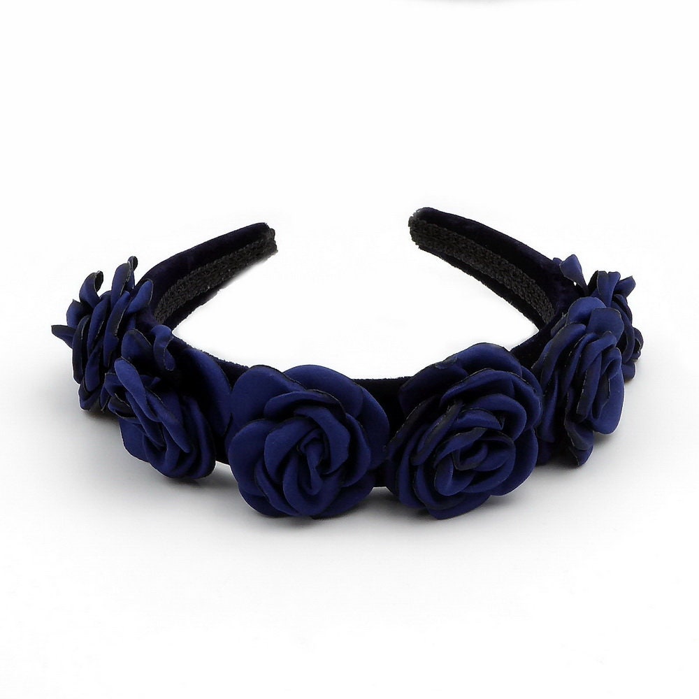 Serre tête velours avec fleur en satin - marine