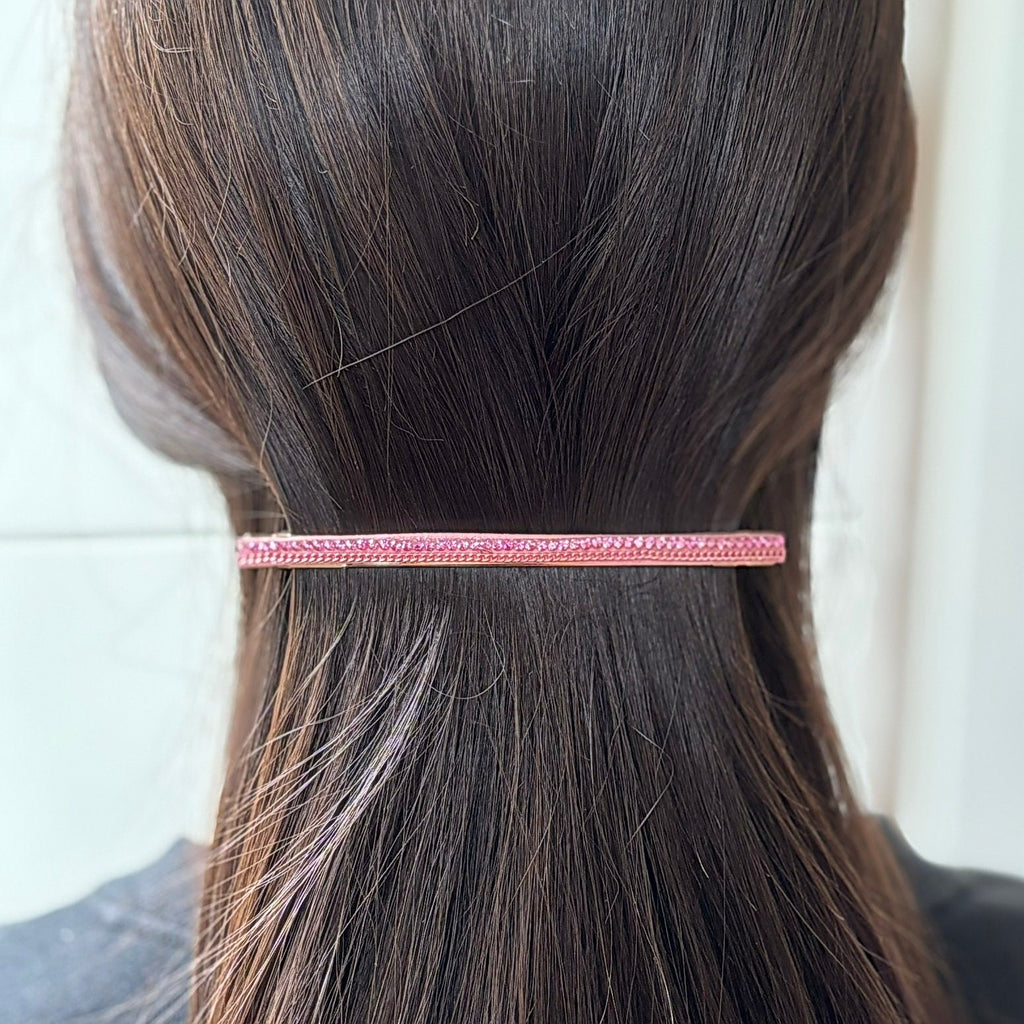 Barrette cheveux longue 10cm avec chaine strass rose