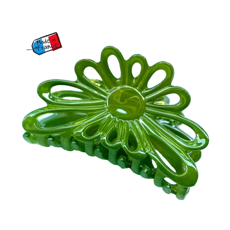 Pince à cheveux fleur acétate Vert – Fait main, Fabrication française 8 cm