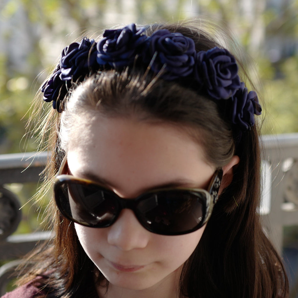 Serre tête velours avec fleur en satin - marine