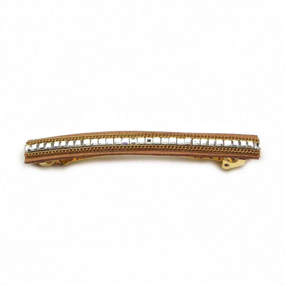 Barrette Cheveux Longue 9.5cm Velours Caramel Chaine Strass